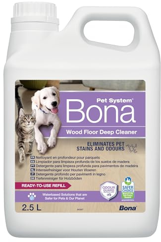 Bona Pet System Intensivrengöringsmedel för trägolv, 2,5 l, påfyllning, fläckrengöring och luktborttagare för husdjur, urinluktsborttagare – rostborttagare – fläckborttagare – lämplig för hundar och