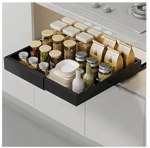 AOPEZIA Teleskopschublade, usziehbare Schublade Küche, Pull Slide Out Drawer, Kohlenstoffstahl Ausziehbarer Schrank Organizer, Auszug Küchenschrank Küche Organizer Schrank(Black,32-52cm)