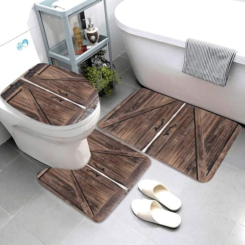 FHPCE Badezimmerteppich-Set, 3-teilig, Holz-Scheunentür in Stein, Bauernhaus, Vintage-Badematte, rutschfeste Badteppiche für Badezimmer, WC-Vorleger, Plüsch-Badematte, saugfähiger Duschteppich für