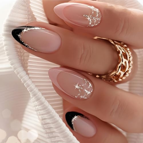 24 Stück French Tipp Press on Nails,Nägel Zum Aufkleben Kurz Oval,Natürlich Acrylic Künstliche Nägel,False Nails für Frauen und Mädchen Maniküre (French Rosa Schwarz)
