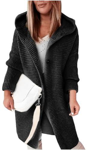 Strickjacke Damen Lang Mit Kapuze Pullover & Strickjacken Für Damen Winter Warme Strickmantel Damen Dicke Strickjacke Grobstrick Winterjacke Strick Cardigan Frauen Elegant Sweater Mit Knöpfen