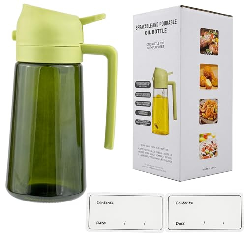 Neehows 16oz Darken Glass Oil Dispenser Bottle Sprayer for Kitchen Cooking, 470ml 2 in 1 Olive Oil Spray and Pour Bottle with 2 Waterproof Stickers -Green Lid