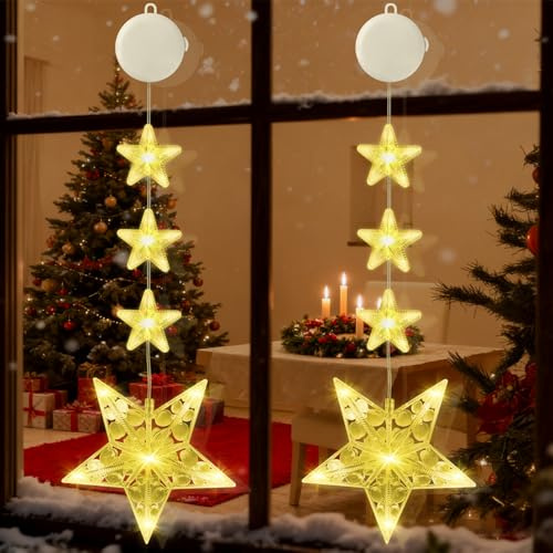 CNMTCCO 2 pezzi LED stelle luci natalizie, decorazioni natalizie per interni, con timer, ventosa, adatte per interni ed esterni, decorazioni per matrimoni e Natale (stelle lunghe)