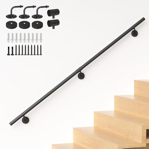 NArra 6FT Industrial Metal Stair Handrail,Round Pipe Stair Railing For Indoor/Outdoor Steps,Wall Mount Support Staircase Handrail,440LBS Load Capacity Hand Rails,Safety Grab Bar Porch Stairway Railing