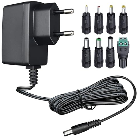 Adaptador de alimentación 12V 0.5A 1.8m, Adaptador de conmutación AC DC (entrada 100-240V, salida 12V 0.5A), enchufe transformador de montaje en pared con 8 tomas intercambiables, homologado