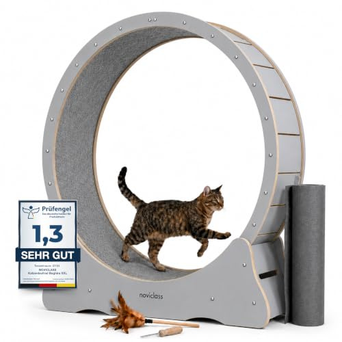 noviclass® Katzenlaufrad Baghira Groß XXL | 132 cm Durchmesser für alle Katzen | Inklusive Anti-Vibrationsmatte | Kurzfloriger Teppich in 2 Farben zur Auswahl (Grau mit grauem Teppich)