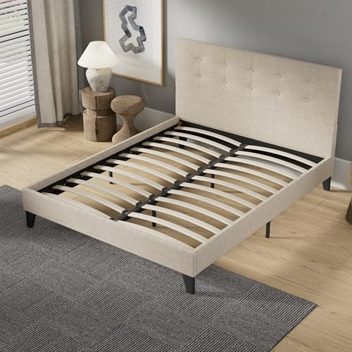 NOVEMBER Cama con cabecero – Somier de Lamas de Madera – 120 x 190 cm – Tapizado en Tela – Estable y Robusta con Patas centrales de Refuerzo (Lino, 120 x 190 cm)