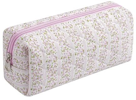 HHQQWZ Cute Floral Cotton Makeup Brush Cosmetic Bag for Women, Travel Quilted Zipper Make Up Bag, Flowers Toiletry Organizer Case Kawaii Makeup Cosmetic Travel Cloth Pouch (Pink Floral)