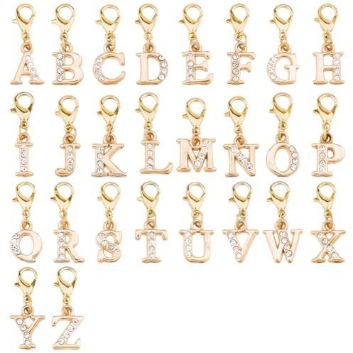 SUPERFINDINGS 52 Stück Alphabet Anhänger Legierung Strass Anhänger Clip On Charms Gold Silber Buchstabe A-Z Charm Mit Hummerschloss Verschlüssen Reißverschluss Charm Für Hochzeit Geschenk Deko