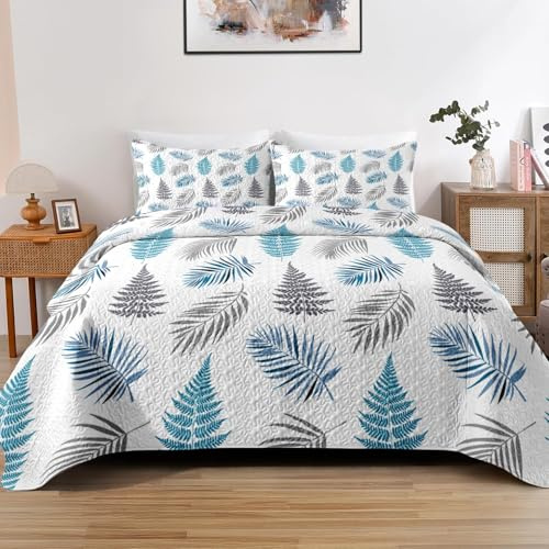 Pamnest Quilt Set King Size, Herbal Botanical 3 Pcs Soft Bed Cover Bedding Set for Kids and Adults, Fern Leaves Lightweight Bedspread Coverlet with Pillow Sham for All Season