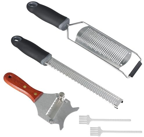 Kioiner Adjustable Gourmet Slicer Set, 2 Pieces Cheese Grater, 1 Piece Truffle Slicer, Cheese Zester Stainless Steel, Cheese Cutter with Wooden Handle for Cutting Truffles, Chocolate, Cheese