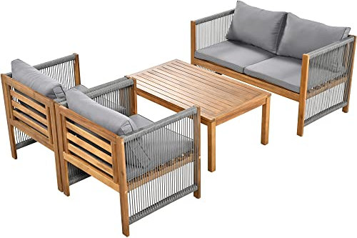 Idemon Loungeset, Gartenmöbel Set, mit bequemem Kissen, Sitzgruppe, Sitzgarnitur Terassenmöbel, Doppelsofa, 2 Sessel und Tisch, Outdoor, Tisch und Stühle, Rattenoptik, Akazie, grau