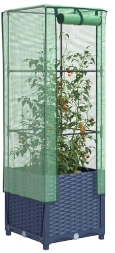 HaoChrymec Jardinera Elevada con Invernadero, Aspecto Ratán, Estructura Robusta de Polipropileno, Cremalleras para Ventilación, Huerto Urbano, Jardinera Vertical para Balcón, 40x40x139 cm