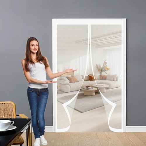 Zanzariera con Calamita 114 x 142 cm, Anti-Zanzare, Anti-Insetti, Rete Ultra-Fine, Installazione Facile, Zanzariera per Porta Tetto per Porta Finestra Balcone, Bianco