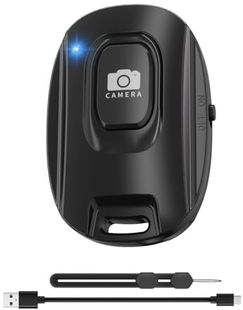 VYVIYON Bluetooth-Kameraauslöser für iOS & Android Smartphones – Wiederaufladbare Fernbedienung mit Selfie-Knopf für Fotos/Videos, inkl. Ladekabel & Handschlaufe-Black