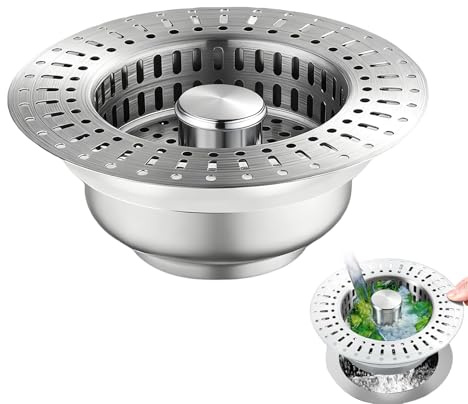 Tapon de Fregadero de Cocina,Tapón de Fregadero 3 en 1 de Acero Inoxidable,Anti Olores,Cesta Tamiz Fregadero,Pop up con Filtro Anti-Obstrucción-para Filtra Partículas Extrañas y Drena (Ø 110mm)