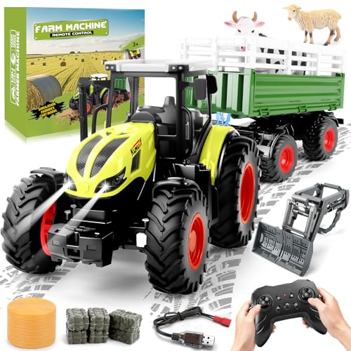 YOOHBERRYS RC Trattore Telecomandato per Bambini, 2,4 GHz Trattore Radiocomandato con Rimorchio Elettrico e Luce, 1:24 Giocattolo per Bambini 3 4 5 anni