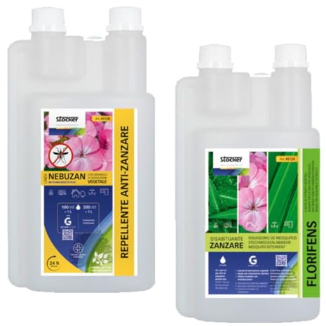 STOCKER Kit Antizanzare Completo 2L (1L Nebuzan + 1L Florifens) - Protocollo Barriera a Base di Estratti Vegetali per Giardino - Alta Concentrazione per Sistemi di Nebulizzazione