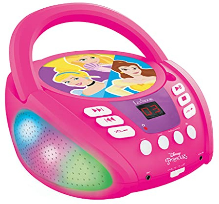 LEXIBOOK, Princesas Disney Reproductor CD, RCD109DPLXB | Bluetooth, luces multicolor, jack micro, entrada AUX