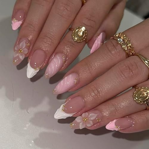TESGADGETS 24 Stück Elegante mandelförmige künstliche Fingernägel in Rosa und Weiß mit Farbverlauf verziert mit 3D-Blumen- und Perlenmotiven geeignet für Alltag und Partys.