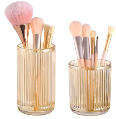 DASITON Makeup Brush Holder Organizer, Crystal Glass Makeup Brushes Storage Holder, Vintage Make Up Brush Cup for Vanity, Pen Pencil Holder for Desk, Toothbrush Holders for Bathroom (Coffee SL)