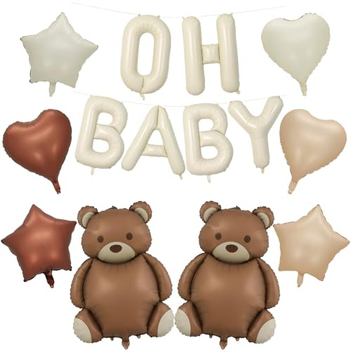 Babyparty Luftballons Set Oh Baby – 16 Zoll Buchstaben Ballons + Bär Folienballon, 18 Zoll Herz Stern Ballons, Baby Shower Deko, Cremeweiß Beige für Mädchen und Junge