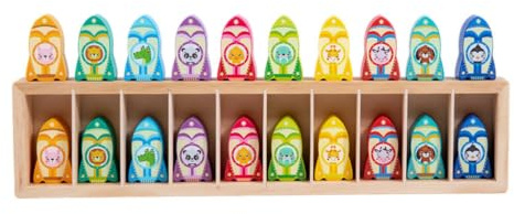 Children Memory Game Wooden Matching With Open Frame Tray Sorting Discs Rounded Edges Organized Storage Slots suitable for cooperative play classroom stations, Rocket Animal Style