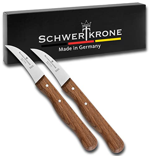 SCHWERTKRONE® Schälmesser gebogen Premium 2er Set [MADE IN SOLINGEN - GERMANY] - Gemüsemesser Obstmesser - Küchenmesser klein scharf - Schneidemesser Kartoffelschälmesser - Allzweckmesser (2x 15,5 cm)