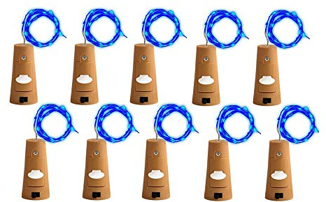 Fairy Lights, Pack of 10, 20 LEDs, 2m, Wine Bottle Light, Cork for DIY, Party, Wedding (Blue)