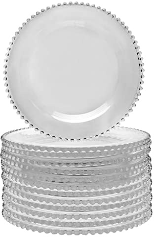 Set of 12 Glass Dinner Plates - Beaded Edge Vintage Tableware Dining Set Alfresco Dining Crockery (N315)