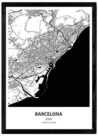 Nacnic affisch med karta över Barcelona - Spanien. Bilder på städer i Spanien med hav och floder i svart. A3 storlek med ram