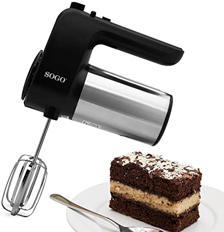 SOGO Amasadora para Repostería, Pan y Mas, Mezcladora y Batidora de Varillas, De Mano, sin Bol, Con 6 velocidades + Turbo, Sin BPA 400W, Acero Inox (SS-14310)