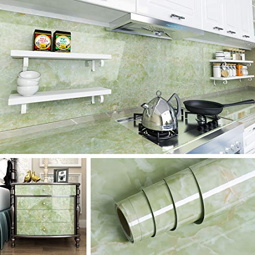 Livelynine 15.8X197 Green Marble Contact Paper Peel and Stick Kitchen Countertop Adhesive Waterproof Contact Paper for Countertops Marble Wallpaper Peel and Stick Bathroom Shower Counter Cabinets