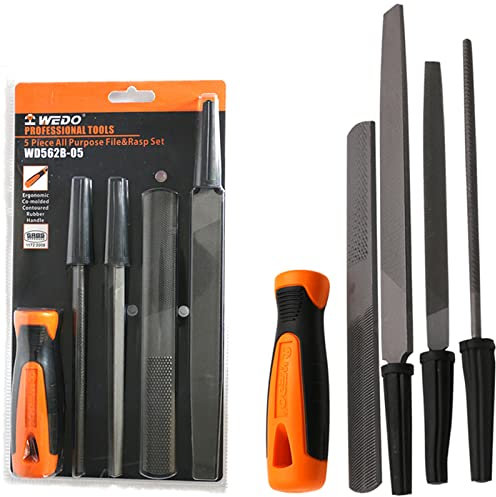 WEDO 5-teiliges Metallfeilen-Set, flach/rund/dreieckig, aus Hartstahl, mit rutschfesten Griffen, mittelgrob, geeignet für Holz/Metall/Modell/Formung