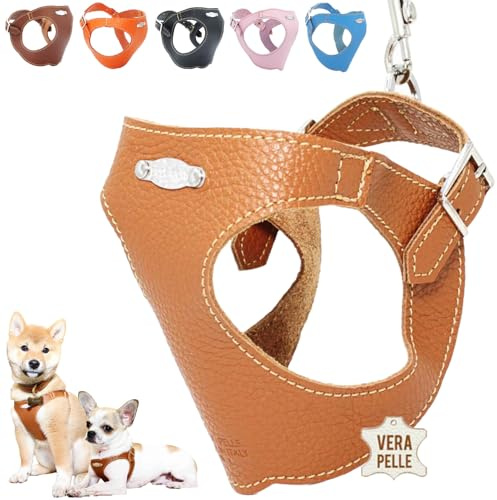 PUPAKIOTTI Brustgeschirr für kleine und mittelgroße Hunde, Leder-Hundegeschirr, ergonomisch und verstellbar, verfügbar Handgemacht in Italie (XS-S, Leder)