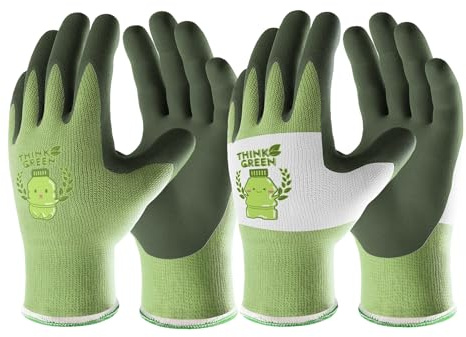 COOLJOB Guantes de jardinería para niños de 6 a 8 años, 2 pares de guantes de trabajo de poliéster reciclado para niños con revestimiento de goma, verde y blanco, extra pequeños, 2 pares XS