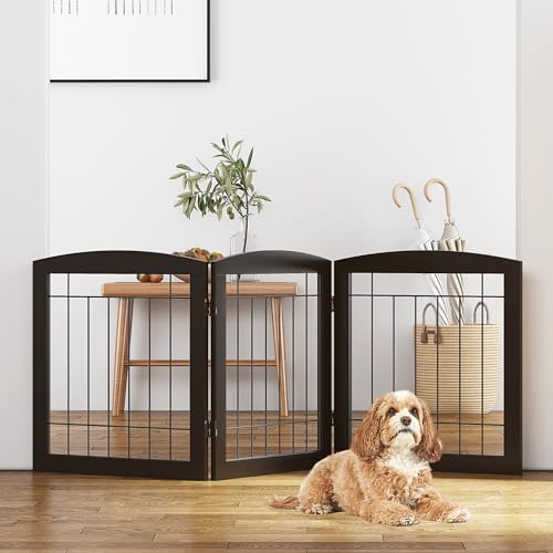PAWLAND Free Standing Dog Gates for The House Stairs Doorways Indoor Foldable Wooden Small White Puppy Pet Gate Step Over Fence 60 W 24 H 3 Panels Espresso