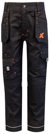 Xpert Pantalon de travail Pro extensible pour garçon, coupe fuselée, avec panneaux extensibles, poches multi-utilitaires, taille élastique et détails haute visibilité, Noir , 11-12 ans