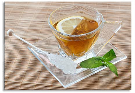Pixxprint Image sur verre | Tableau mural en verre véritable | Tasse à thé à la menthe | 80 x 60 cm | Avec suspension et entretoises