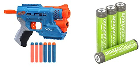 Nerf Elite 2.0 Volt SD-1 Blaster – 6 Nerf Darts, Ziel-Lichtstrahl, 2-Dart Aufbewahrung, 2 Tactical Rail Steckschienen & Amazon Basics AAA-Batterien, wiederaufladbar, vorgeladen, 4 Stück