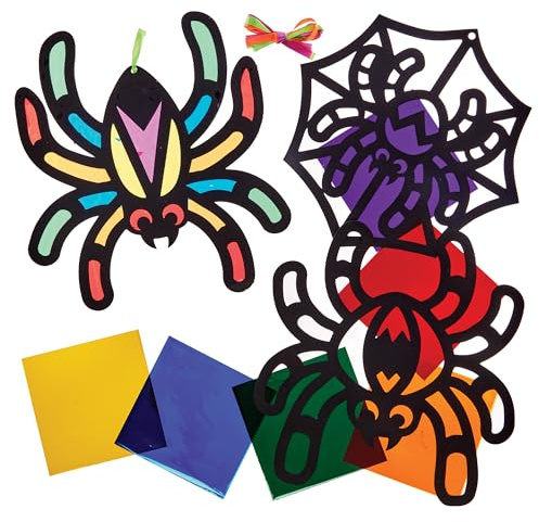 Baker Ross FX627 Spinnen-Glasfensterdekorationssätze - Packung mit 6, Halloween-Bastelsets für Kinder
