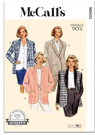 McCall's Misses' Vintage 1990's Loose Fitting or Unlined Jacket Sewing Pattern Kit, Design Code M8433, Sizes 8-10-12-14-16