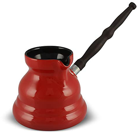 Caffettiera turca in ceramica 650 ml Cezve Ibrik Briki Turka vintage, colore rosso, con manico in legno rimovibile per piani cottura a gas elettrici a induzione