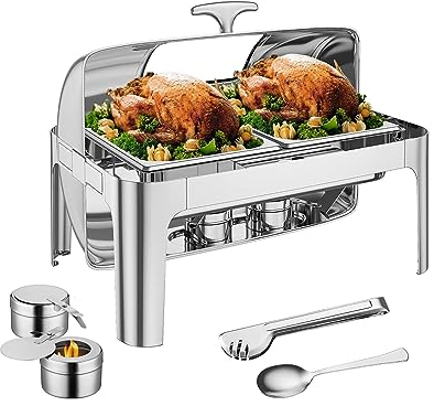 Garvee 9QT Chafing Dishes für Buffet, [2 x halbe Pfannen] [Sichtbarer Deckel] [Edelstahl] Roll-Top-Buffet-Servierer, kommerzielle Roll-Top-Chafing Dish für Partys, Buffet, Hochzeiten [serviert