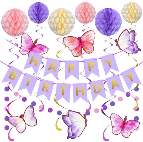 Geburtstag Dekorationen - Lila Happy Birthday Banner mit Wabenball, Schmetterlinge Hängende Wirbel Streamer Kreis Punkt Girlande Dekoration - Geburtstag Party Dekoration für Frauen Mädchen