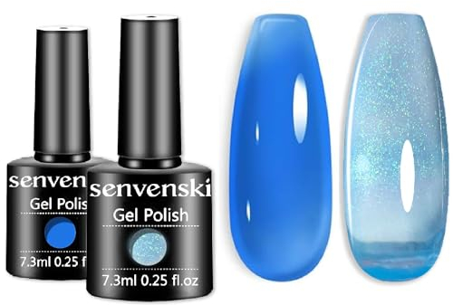 Senvenski Blue Jelly Gel Nail Polish Kit - Ice Pearl Glass Blue Translucent Colours with Milky Sheer Finish | Vegan UV/LED Nail Art Kit Gift for Women Manicure Salon DIY(CS2-016)
