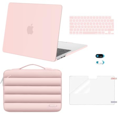 MOSISO Kompatibel mit MacBook Air 13 Zoll Hülle M5 M4 M3 M2 2026-2022 13,6 | Kratzfest Hartschale&Puffy Laptoptasche&Tastaturschutz&Webcam Cover&Displayschutz A3449 A3240 A3113 A2681, Rosa