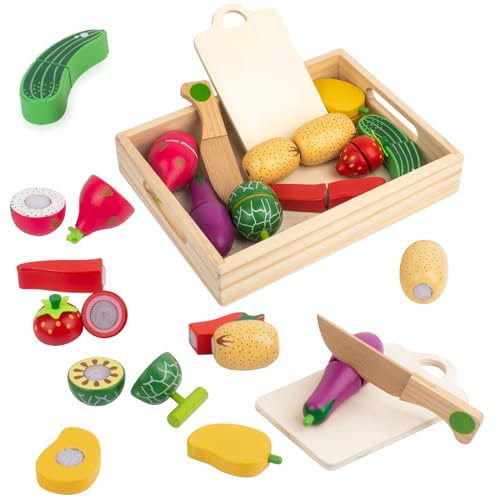 Spielküche Zubehör Holz, Holz Obst und Gemüse zum Schneiden, Kinderküche Zubehör, Spielobst zum Schneiden, Kinder Simulation Lernspielzeug Rollenspiele Geschenk