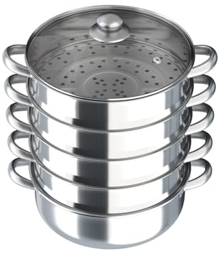 5 Tier Steamer Pot, 30 cm Stainless Steel Slow Cooker, Steam Cooker with Glass Lid and Handles, for Various Induction Cookers, Electric Ceramic Cookers, Gas Stoves