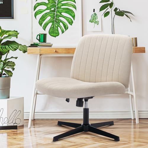 COLAMY Breiter Bürostuhl, Gepolsterter Armloser Schreibtischstuhl Drehbarer Home Office Stuhl 115° Wippfunktion Ergonomischer Computerstuhl für Home Office, Schminken, Gaming (Kreuzfuß, Beige)
